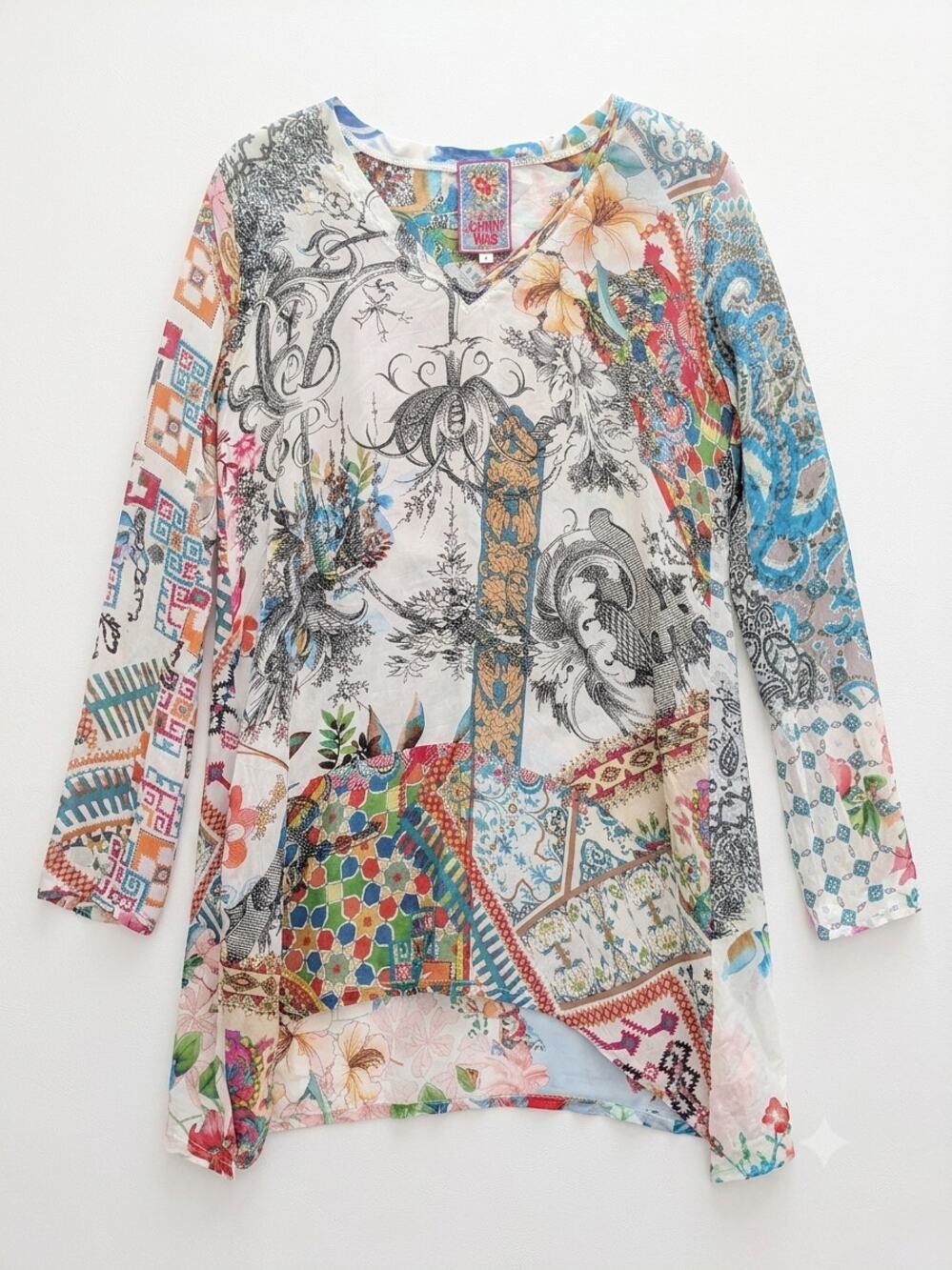 Johnny Was Patchwork Floral Boho V-Neck Tunic Top EUC 100% Cupro Silky Small